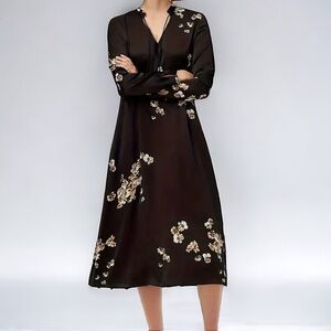 Little Moon Black Floral Midi Sateen Dress Size XS